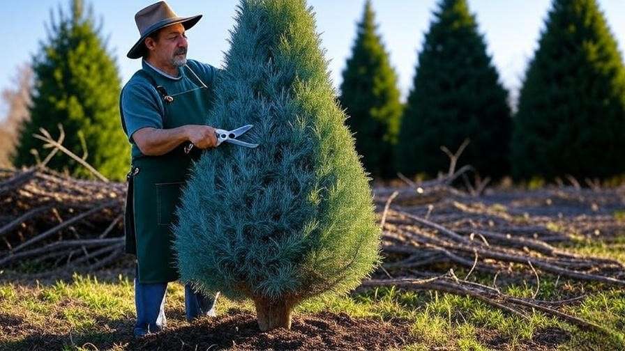 Gardener pruning blue cypress tree into conical shape with shears".
