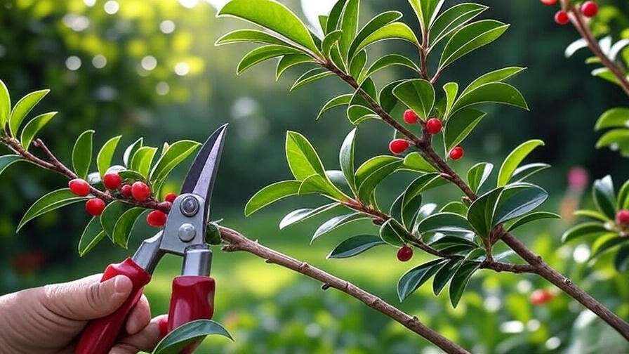 Close-up of Savannah Holly Tree branch with red berries and pruning shears."