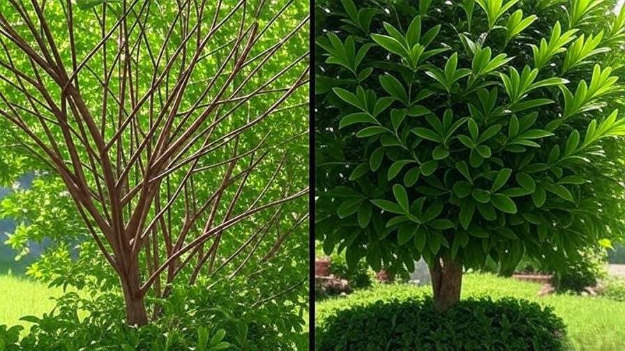 Before and after pruning images of a curry leaves tree for better shape and growth