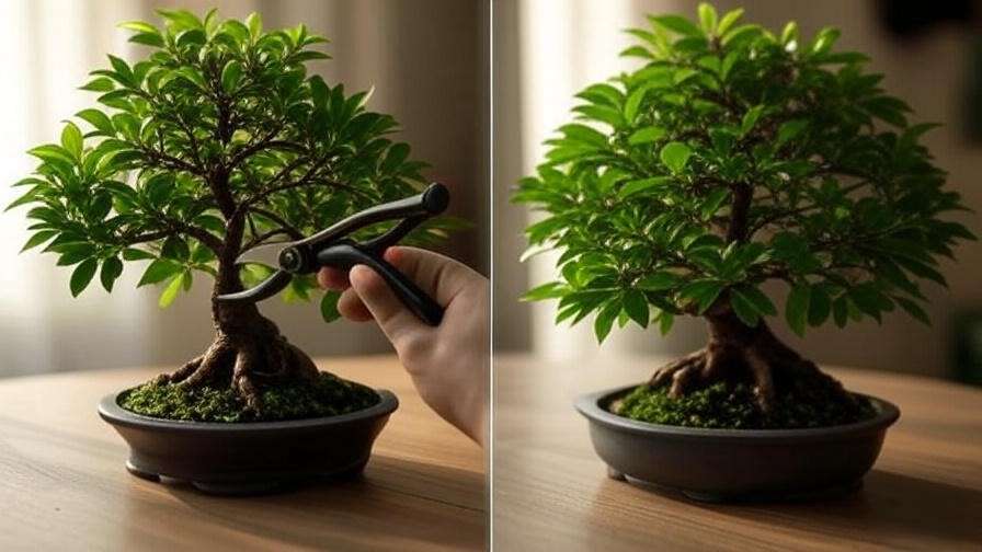 Step-by-step pruning of a ficus bonsai tree with shears, showing before and after shaping."