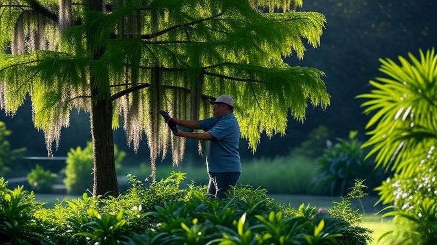 Gardener pruning a bald cypress tree in Louisiana garden for maintenance tips"