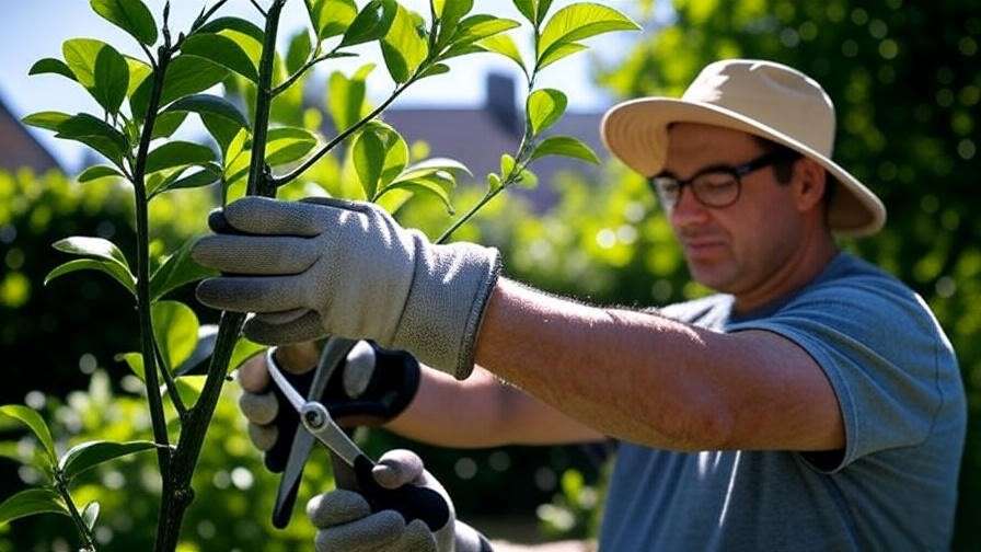 Gardener pruning a lemon thorn tree with shears and protective gloves"