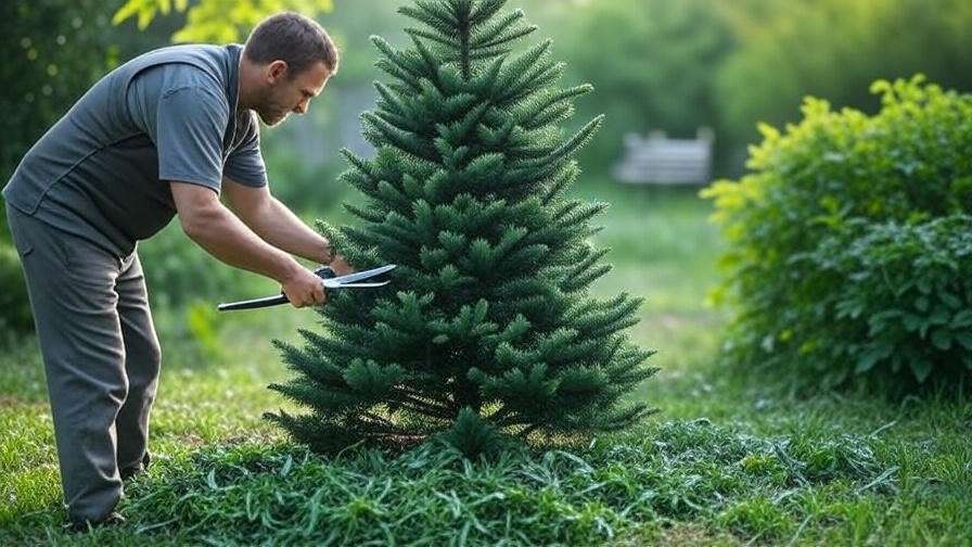 Gardener pruning a Serbian Spruce with shears, showcasing healthy evergreen tree shaping."