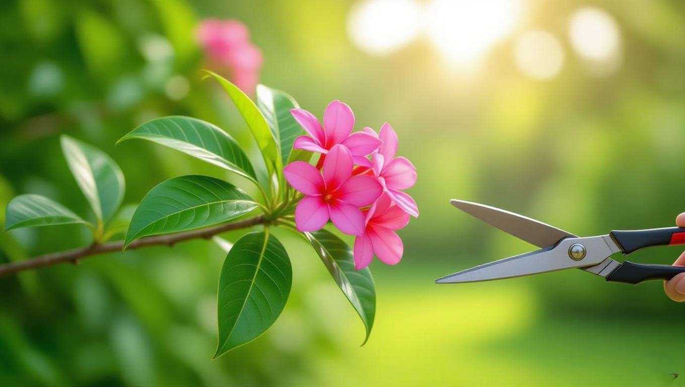Benzoil tree branch with pink flowers being pruned in a tropical garden."