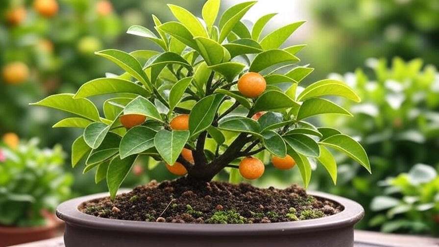 Close-up of a well-pruned citrus bonsai with glossy leaves and small oranges".