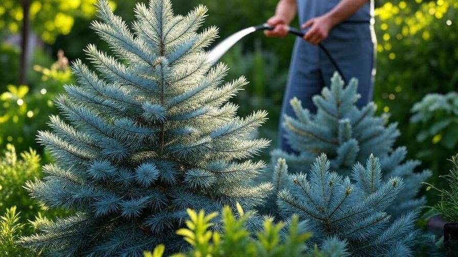 Gardener watering and pruning an Ellwoodii tree in a lush garden setting."