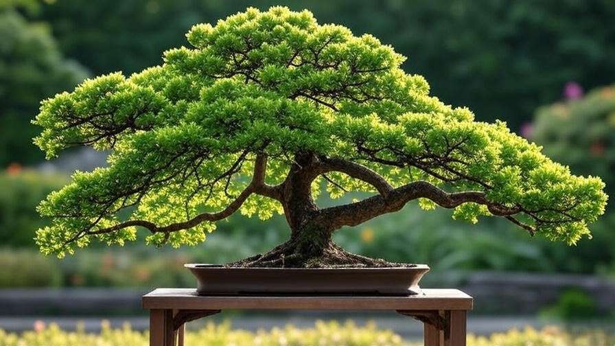 Bonsai oak tree with wired branches on a wooden stand for shaping.