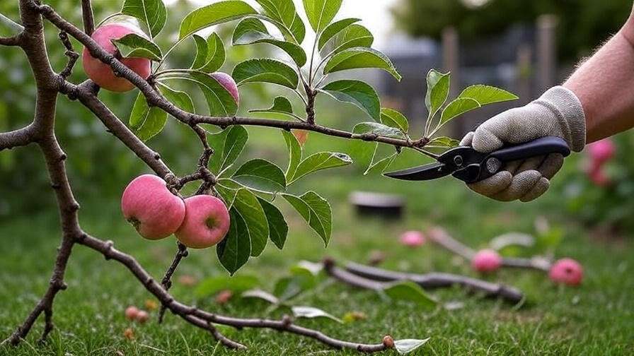 Close-up of pruning a Hidden Rose Apple Tree branch with pink apples and shears."