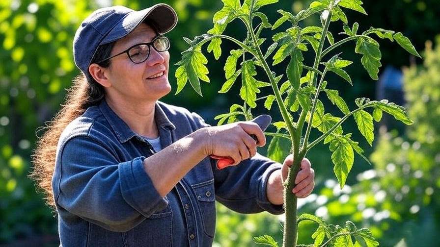 Gardener pruning a tree tomato plant with shears showing trimmed branches in a sunny garden.
