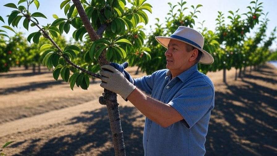Gardener pruning cherry tree for open canopy in a hot climate orchard."
