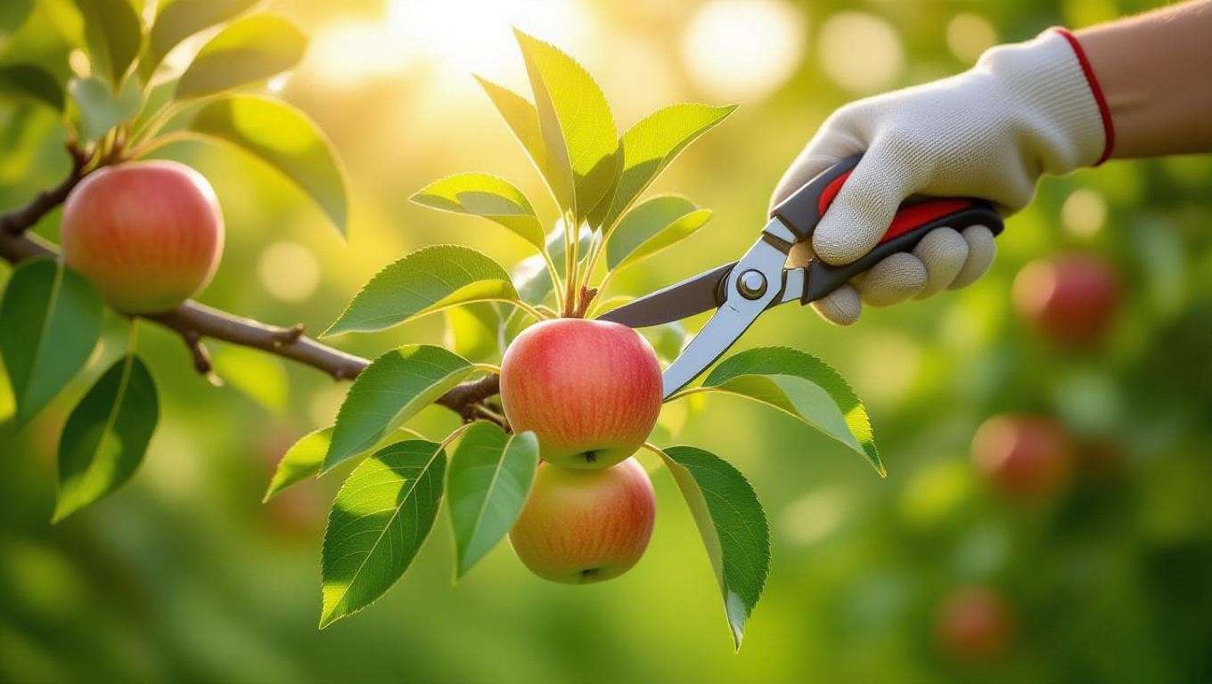 Pruning a Honeycrisp apple tree branch with shears, showing central leader structure in a sunny orchard.