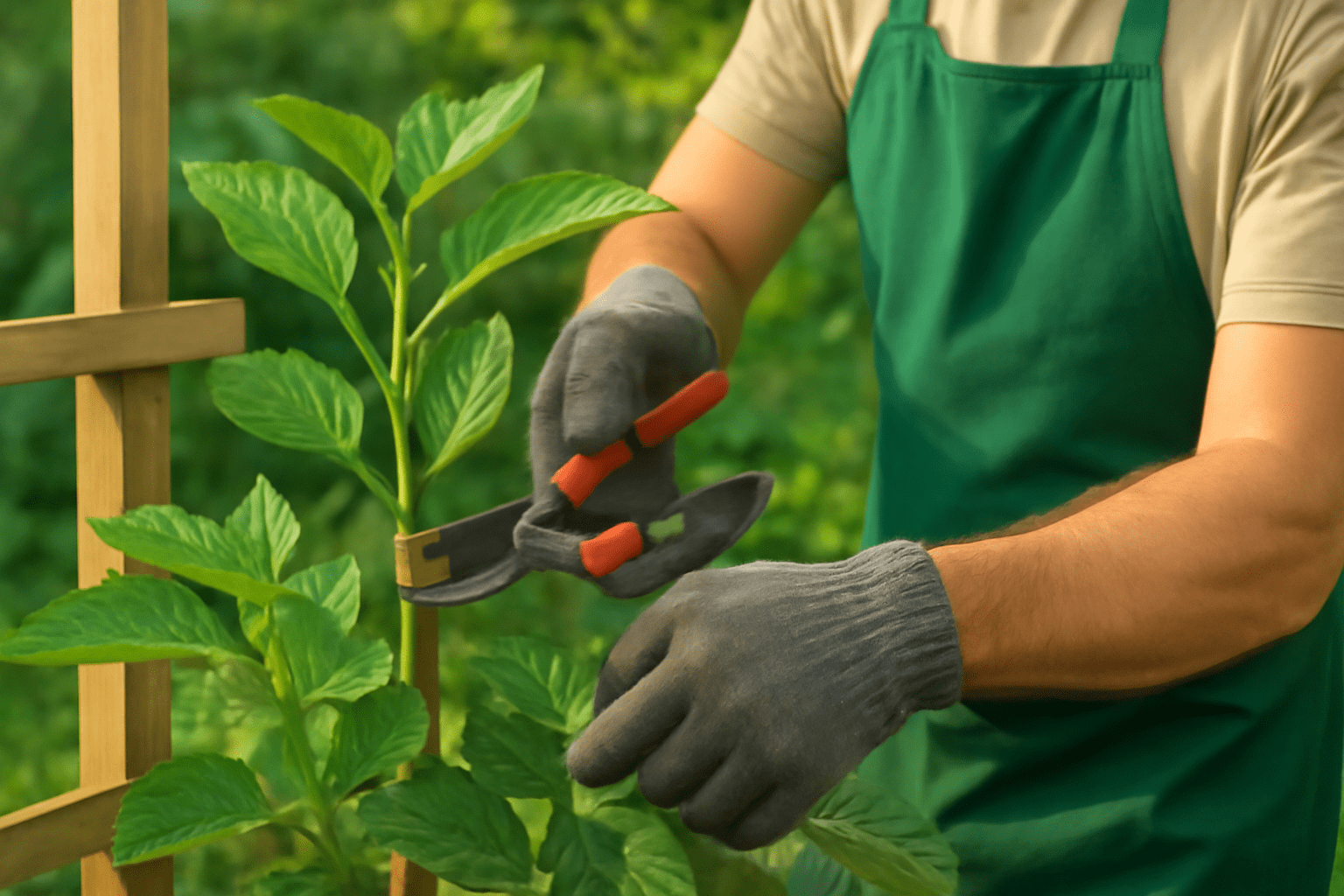 Gardener pruning Blackberry Ouachita tree with trellis support in a bright garden."