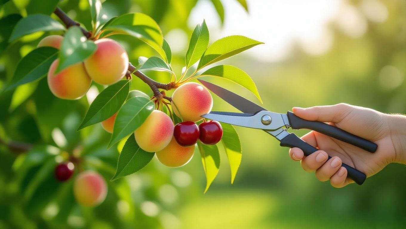 Pruning a fruit cocktail tree with peaches and cherries in a lush garden."