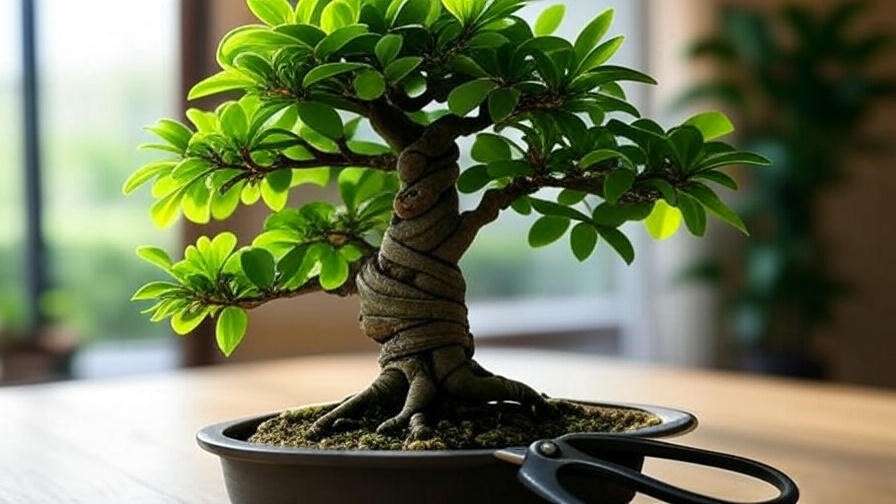 Step-by-step pruning of a money tree bonsai with sharp shears and balanced foliage in a serene indoor setting