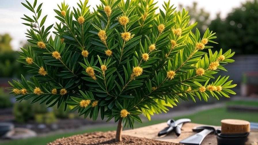 Close-up of pruned wattle tree with gardening tools in a native garden".