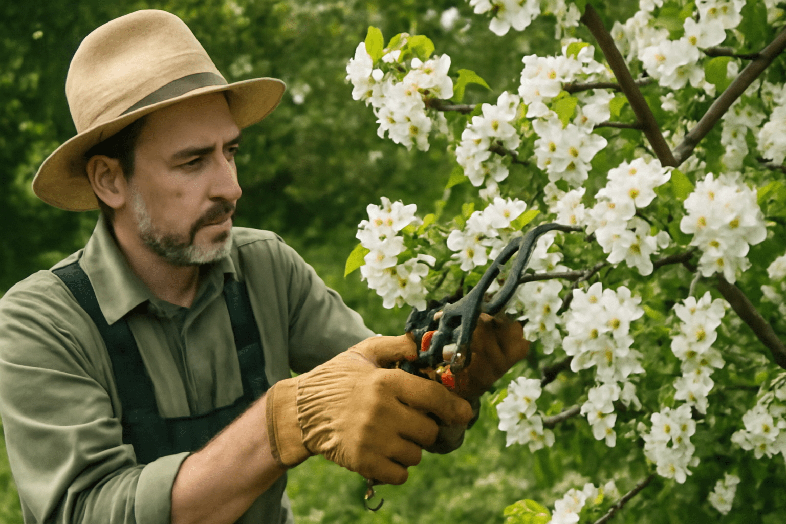 Gardener pruning Flowering Crabapple tree with white blossoms, healthy branches, outdoor garden".