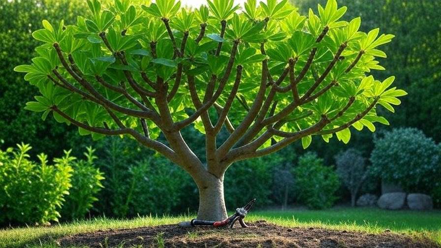 "Green fig tree with pruned branches and open canopy in a lush garden."