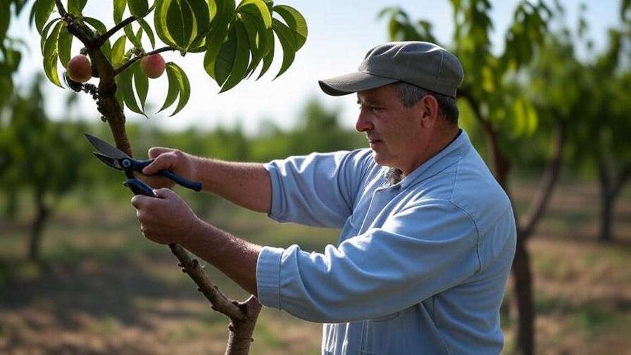 Gardener pruning a Belle of Georgia peach tree with shears in an open-center style, showing green leaves and ripe peaches."