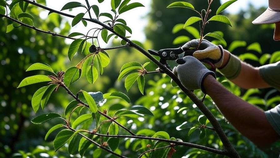 Gardener pruning a bush cherry tree with clean cuts in a lush garden.