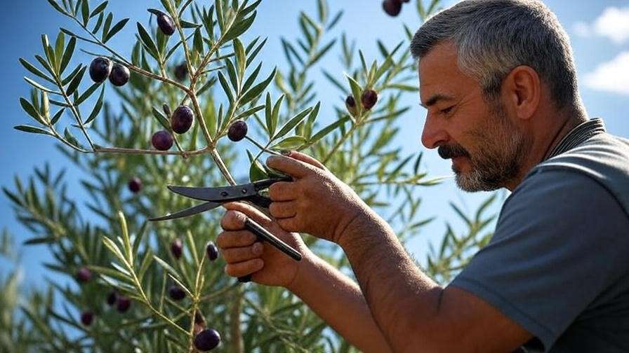 Gardener pruning a Kalamata olive tree with ripe olives under a blue sky.