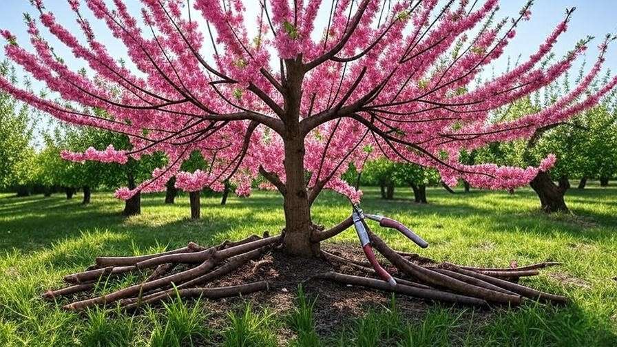 Pruning a Belle of Georgia peach tree with shears to create an open-center structure in an orchard