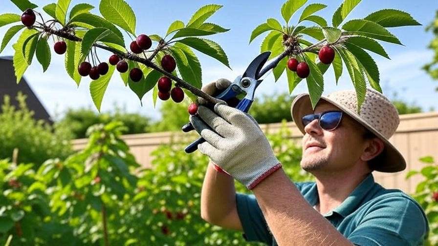 "Illustration of pruning a Lapins cherry tree with shears, showcasing healthy branches and dark-red cherries"