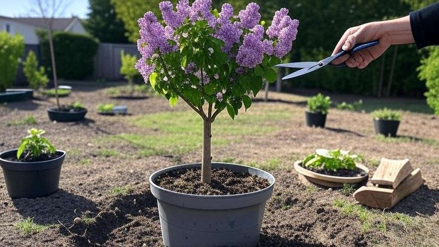 Pruning a lilac mini tree with shears in a small garden".