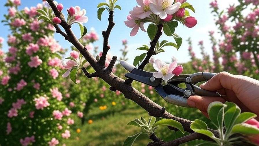 "Close-up of pruning shears trimming apple tree blossoms in an orchard."