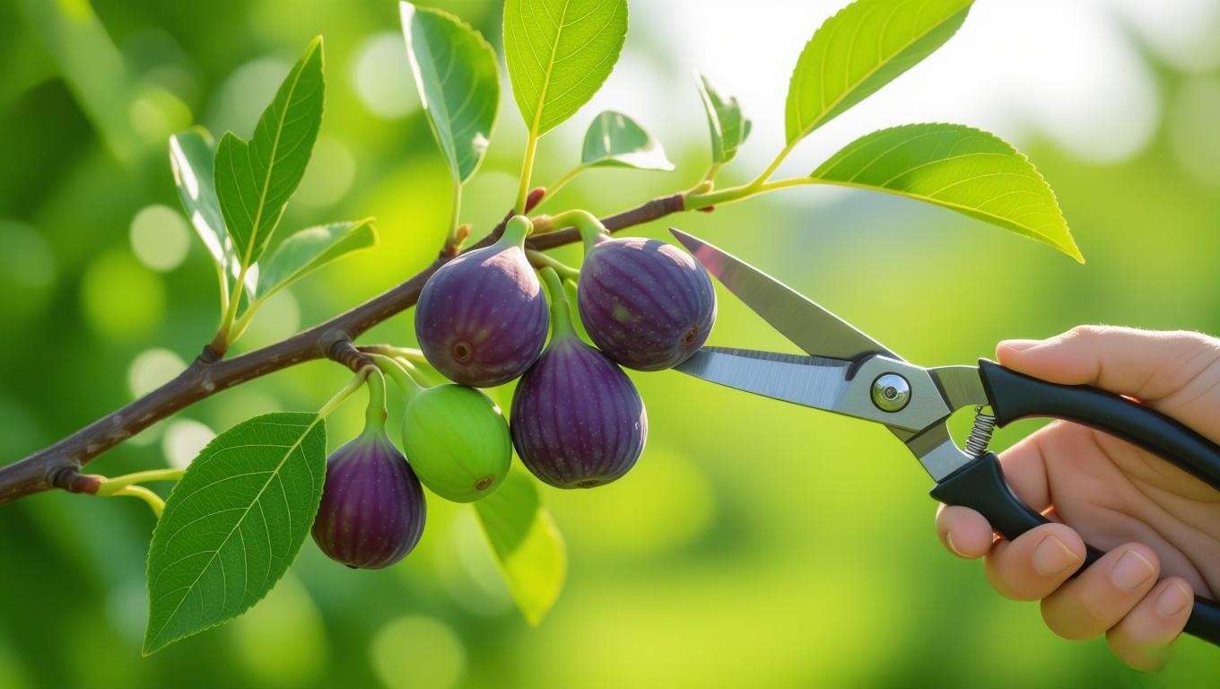 Pruning a fig tree branch with ripe figs using sharp shears in a lush garden."