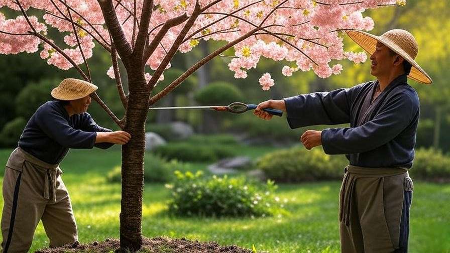 "Gardener pruning a pink and white cherry blossom tree in a sunny garden."