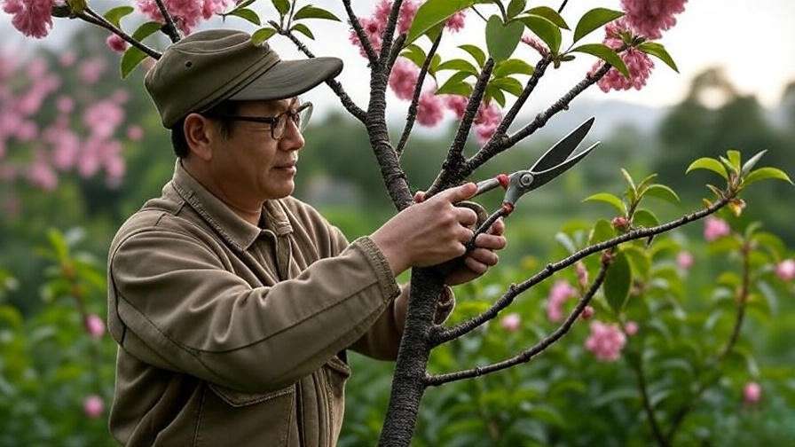 Gardener pruning Taiwan cherry tree with pink blossoms"