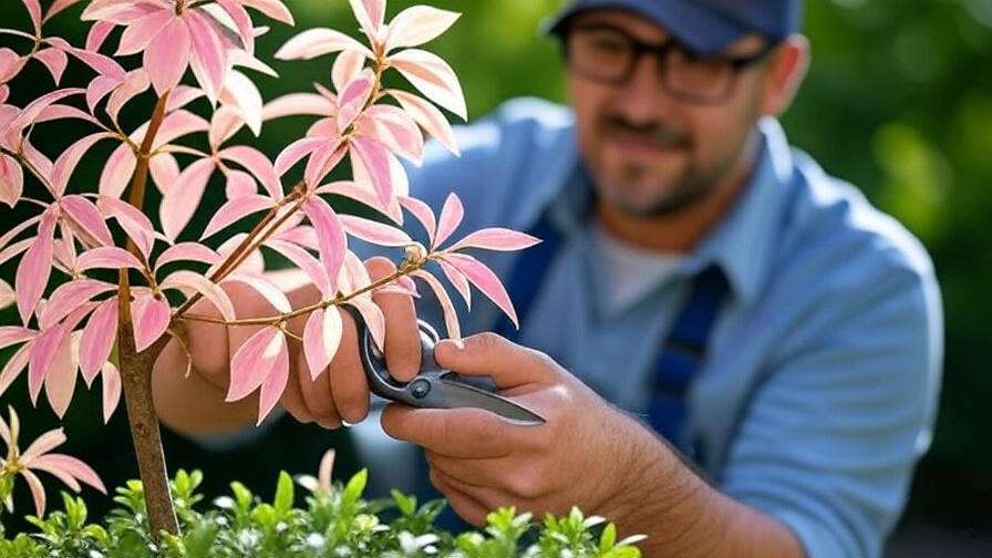 Gardener pruning a healthy Willow Tree Pink with vibrant pink foliage in a sunlit garden"