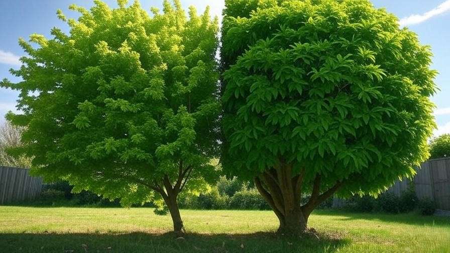 Before-and-after view of a green maple tree with improper and proper pruning