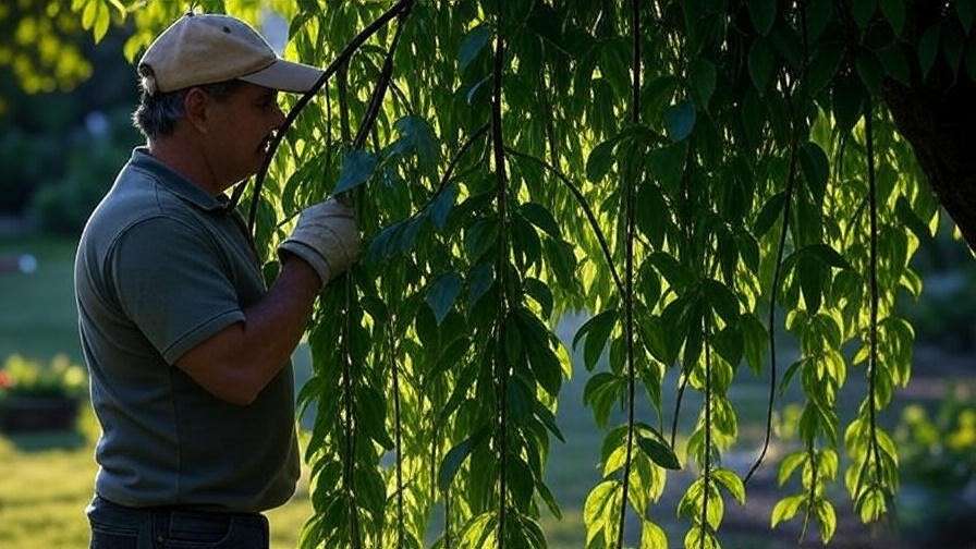 "Gardener pruning a weeping crabapple tree with cascading branches in a garden."