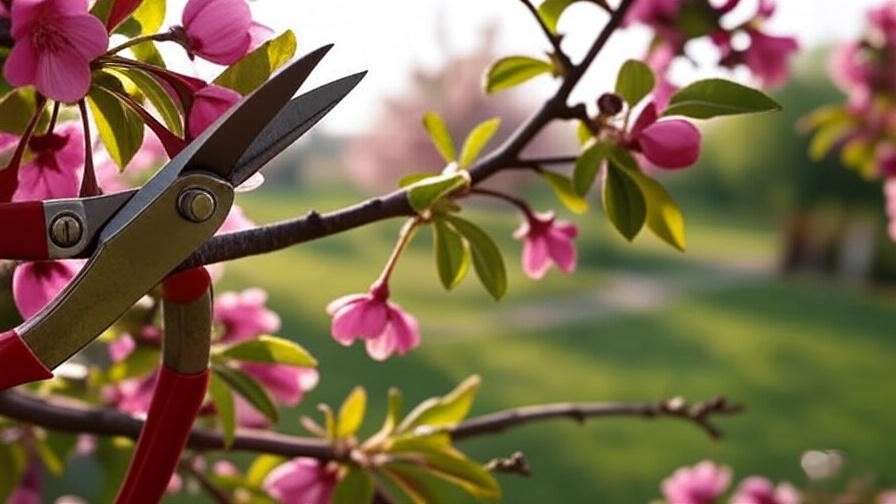 Close-up of pruning shears on pink flowering cherry tree branch with blooms."