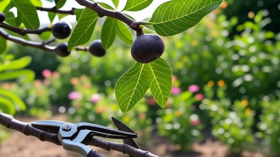 Close-up of pruned Black Mission Fig Tree branch with ripe figs and shears