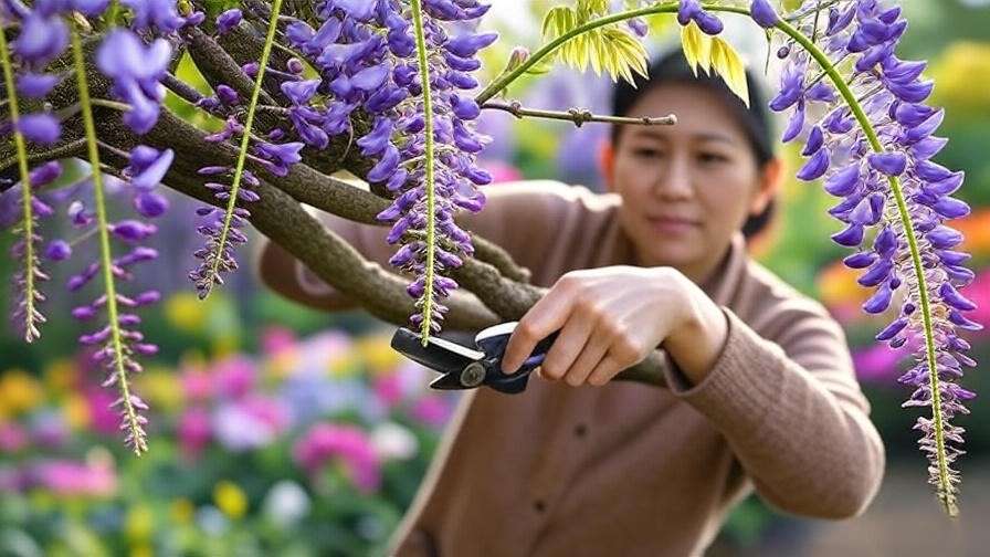 Gardener pruning a blue wisteria tree to enhance blooms and structure."