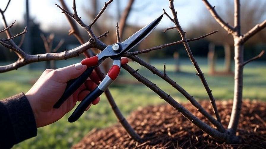 "Close-up of pruning shears cutting cherry tree branch in winter with mulched base."