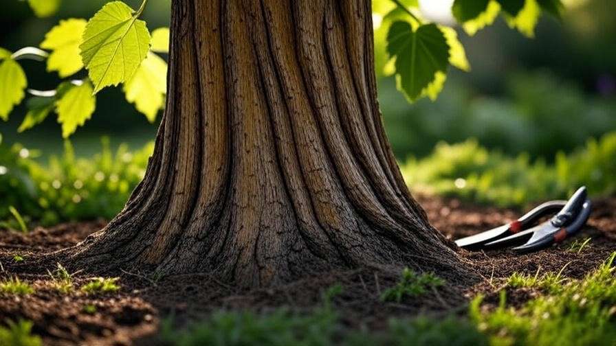 "Close-up of mulberry tree trunk with grain patterns and pruning tools in a sunny garden."