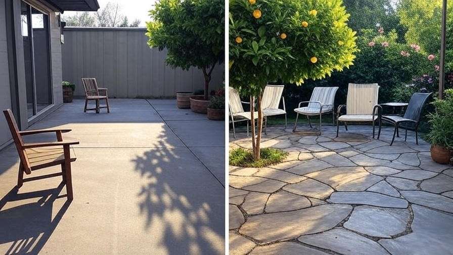 Before-and-after patio transformation with dwarf citrus tree"