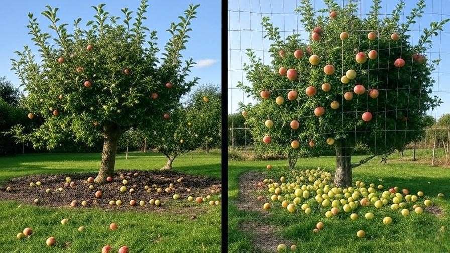 Split-screen comparison of an unprotected apple tree with damaged fruit and a netted apple tree with a healthy, bountiful harvest.