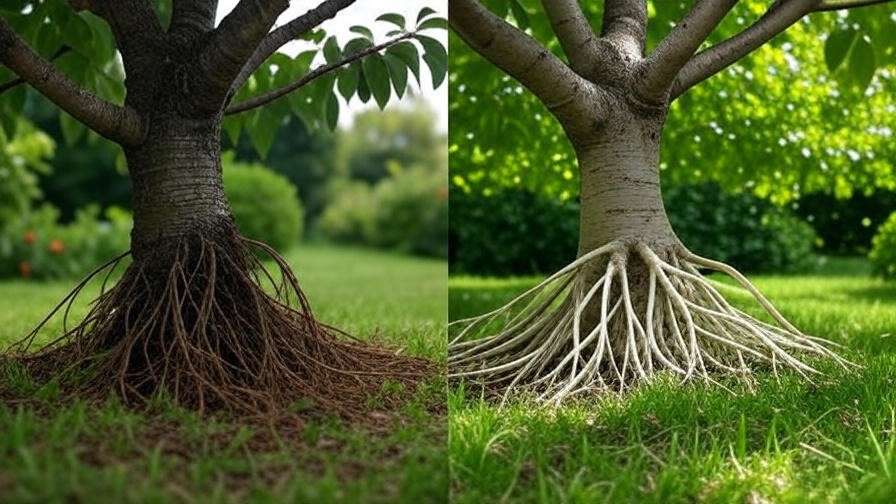 Before-and-after of cherry tree recovery from root ball issues"