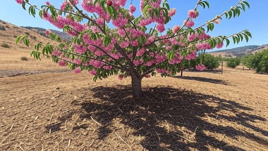 "Thriving cherry tree with mulch and shade cloth in a hot climate garden."