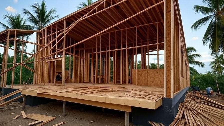 Eco-friendly house construction with coconut palm wood beams and flooring.