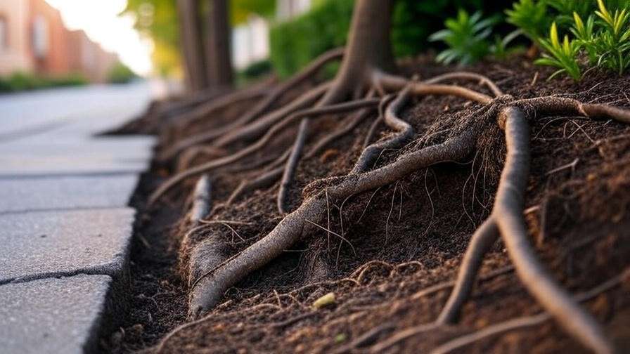 Damaged sidewalk with invasive sycamine tree roots lifting pavement".