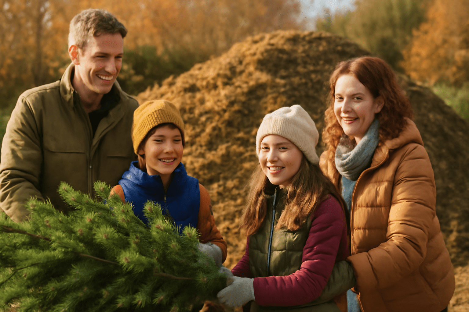 Family recycling a Douglas fir Christmas tree at a community mulching program".