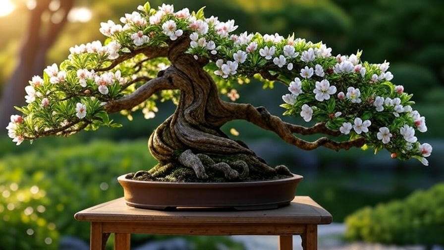 "Intricately styled apple tree bonsai in cascade style with aged bark and blossoms in a garden."