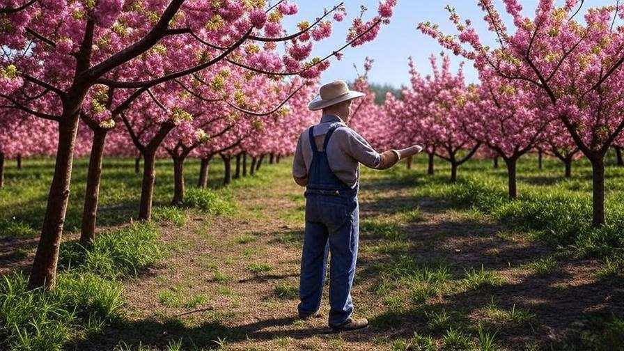 Gardener monitoring healthy cherry trees in full bloom in an orchard