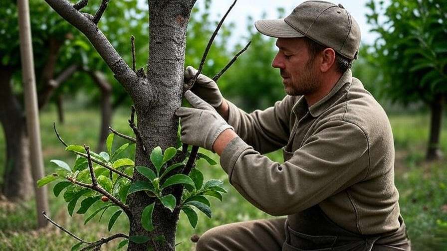 Gardener rejuvenating old fruit tree with loppers in rustic orchard."