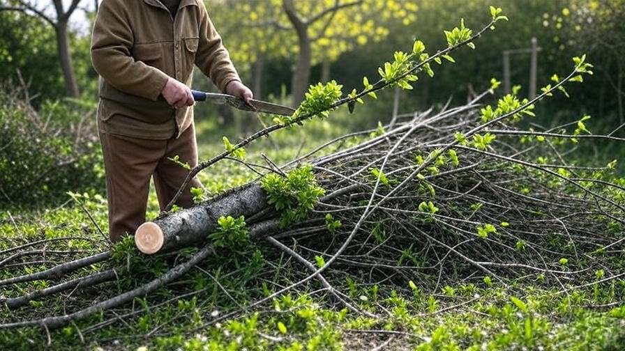 Gardener rejuvenating older cherry tree with new growth in natural garden."